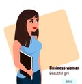 Young cartoon business woman with file, wearing office style clothes. Royalty Free Stock Photo